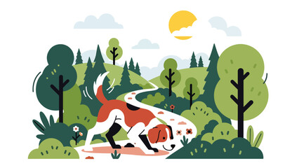 Naklejka premium Vector illustration of a dog exploring a forest trail, wildlife-inspired pet adventure scene with trees, bushes, and natural curiosity theme