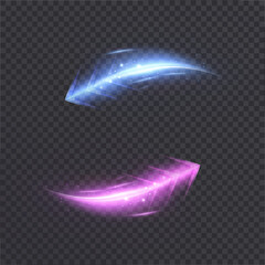 Glowing stripes of bright arrows with speed blur on transparent background. Vector light stripes for racing interface, visual effects of acceleration and direction.