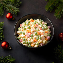 olivier salad in a black bowl on a dark background