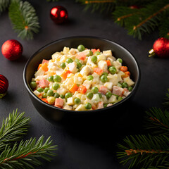 olivier salad in a black bowl on a dark background