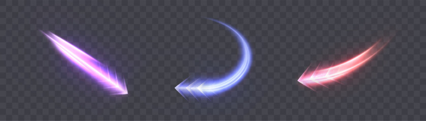 Glowing stripes of bright arrows with speed blur on transparent background. Vector light stripes for racing interface, visual effects of acceleration and direction.
