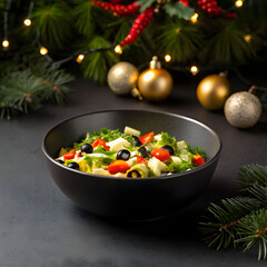 olivier salad in a black bowl on a dark background