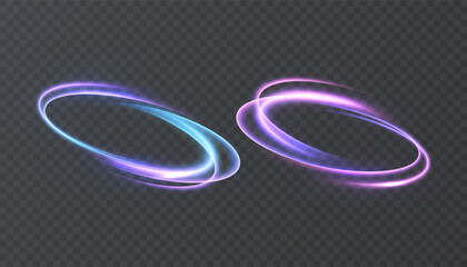 A set of purple glowing rings and swirling trails with glitter. Vector light flow effect isolated on a transparent background for sci-fi interfaces, magic and compositing.