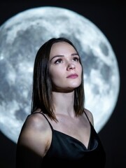 Pensive young woman in elegant dress standing in front of full moon background with thoughtful expression