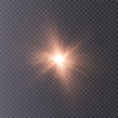 Warm golden glow with star-shaped scattering rays and internal lightning bolts. Vector light effect isolated on a transparent background for photo compositions, cinematic accents, and abstract designs