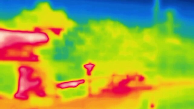 Driving through the streets of the city. Shooting from a car, taxi. Image from thermal imager device.