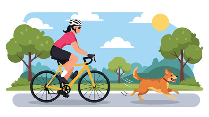 Naklejka premium Flat vector illustration of a dog running beside a cyclist, active outdoor lifestyle scene showing fitness, companionship, and motion