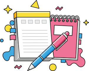 Colorful cartoon notepad pink spiral notebook and a blue pen in a flat doodlestyle graphic illustration.