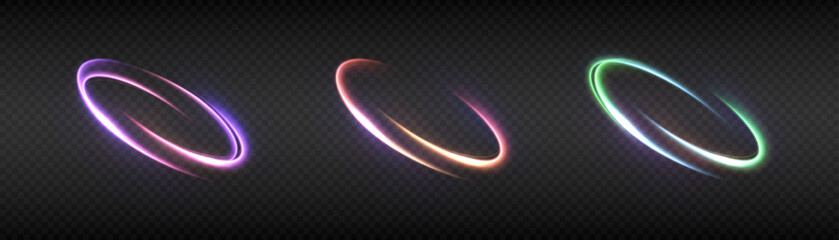 An abstract neon glowing ring. A bright trail of glowing rays swirling in a rapid spiral motion. A bright, colorful swirl. Vector.