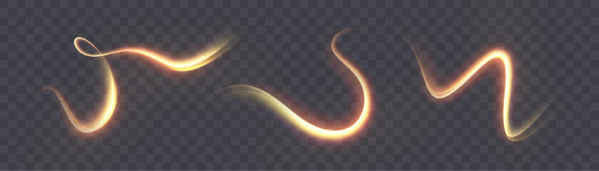 Set of bright swirl effects of orange-red light trail with bright shimmer and glare. Vector light effect for design and illustrations isolated on dark background.