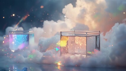 Glittering Glass Cubes with Colorful Light Effects in a Dreamy Cloudy Background