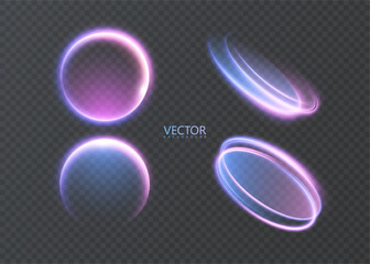 Bright, glowing circles, spheres, and energy rings with backlighting and an internal glow of purple-blue hues. Vector circles and portals for HUD interfaces, game design, and futuristic overlays