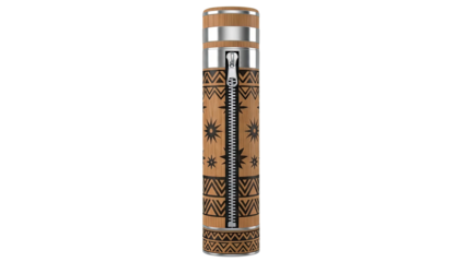 Cylindrical Object with Zipper Detail and Tribal Pattern