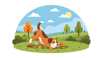 Vector illustration of a dog playing in fallen autumn leaves, seasonal pet activity scene with warm colors and joyful outdoor behavior