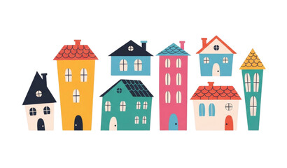 Playful doodle flat tiny houses and abstract urban buildings vector pack for modern city design isolated on transparent background