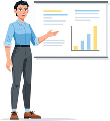 Confident professional woman in a blue shirt and grey trousers standing and gesturing with a friendly smile.