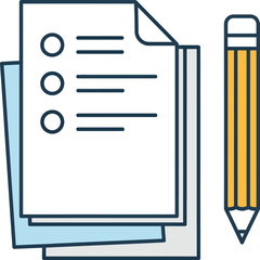 Flat line icon of a checklist on stacked papers with a dogeared corner next to a yellow pencil.
