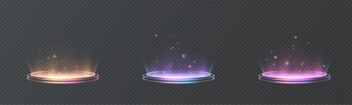 Bright teleportation portals with vertical energy flows, bright rings on a dark background. Futuristic teleportation light effect for games, interfaces, and motion design.