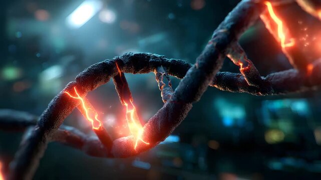 Glowing DNA double helix with vibrant orange lightning in a futuristic laboratory setting