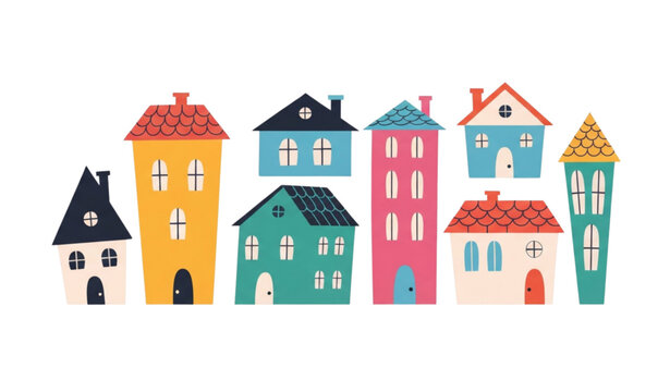 Playful doodle flat tiny houses and abstract urban buildings vector pack for modern city design isolated on transparent background