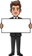 Friendly cartoon businessman in a black suit smiling while holding a blank white presentation sign.