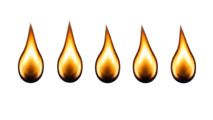 Five golden flame icons isolated on transparent background for graphic design