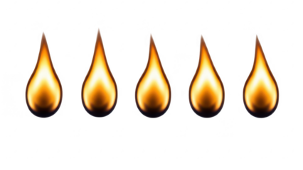 Five golden flame icons isolated on transparent background for graphic design