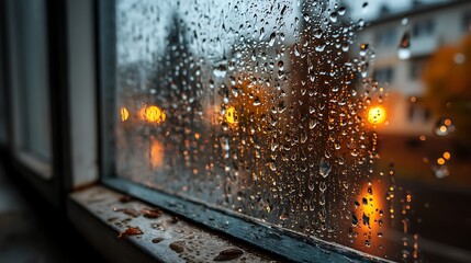 Raindrops on Window with Blurry Background, Partially Cropped Window Frame, Dull Flat Lighting, Casual Shooting Angle with Slight Perspective Distortion, No People