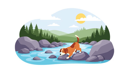 Vector illustration of a dog exploring rocks near a river, nature adventure pet scene with curiosity and outdoor exploration theme