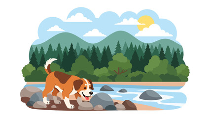Vector illustration of a dog exploring rocks near a river, nature adventure pet scene with curiosity and outdoor exploration theme © meeblues