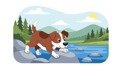 Vector illustration of a dog exploring rocks near a river, nature adventure pet scene with curiosity and outdoor exploration theme