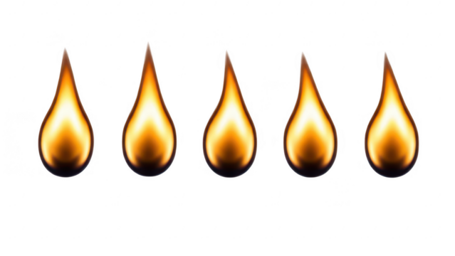 Five golden flame icons isolated on transparent background for graphic design - Powered by Adobe