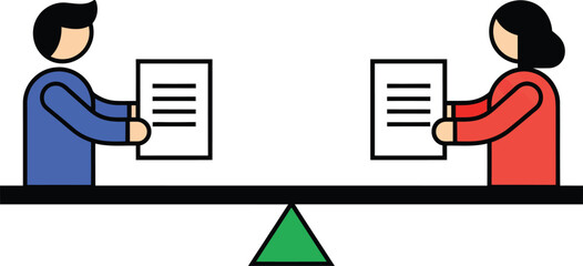 Illustration of a man and woman holding documents perfectly balanced on a scale symbolizing equality.