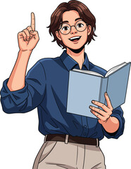 Intelligent Young Man in Glasses with an Idea Holding a Book and Pointing Upward.