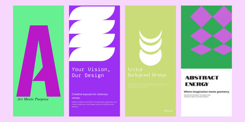 Vibrant collection of four modern graphic design templates with abstract shapes and bold typography on colorful backgrounds for creative projects and branding