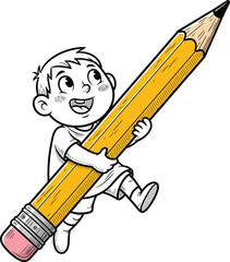 Joyful cartoon boy in black and white line art holding a huge colored yellow pencil.