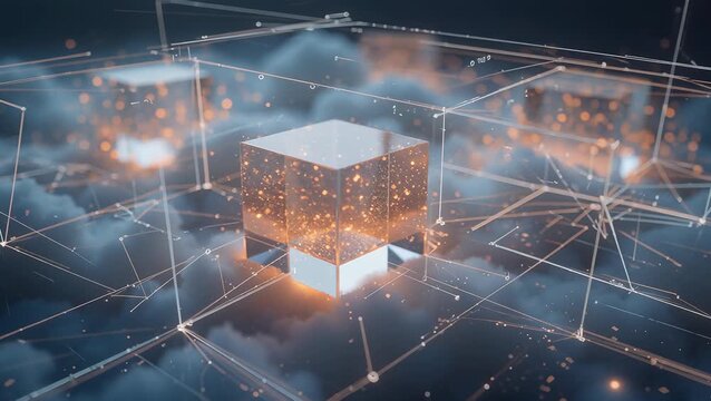 Abstract Digital Environment with Glowing Cubes and Clouds