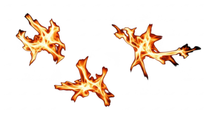 Three burning fire shapes with orange and yellow flames on a transparent background