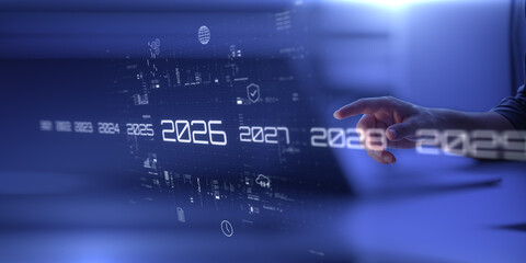Man presses holographic 2026 year button. Concept of new year, annual plan, growth strategy, business planning, recap, investment trends and strategy road map.