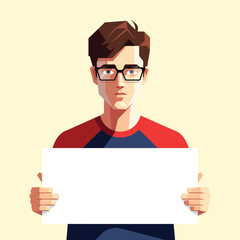 Serious young man with brown hair and glasses holding a blank white sign for a message.