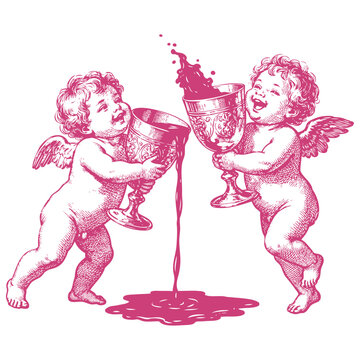 Two joyful cherubs or putti spill wine from large goblets. A playful, vintage vector illustration in a classic engraving style, perfect for a wine label.