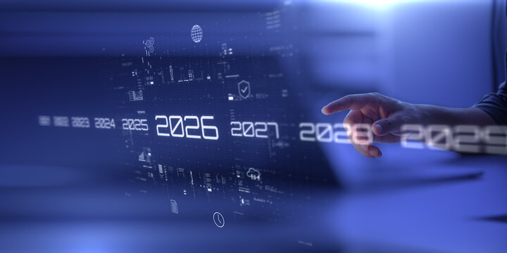 Man presses holographic 2026 year button. Concept of new year, annual plan, growth strategy, business planning, recap, investment trends and strategy road map.