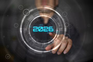 Man presses holographic 2025 year button. Concept of new year, annual plan, growth strategy, business planning, recap, investment trends and strategy road map.