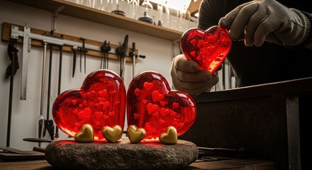 Glassmaker holding a red glass heart in a workshop. Handmade craft of translucent hearts with gold details for Valentine's Day.