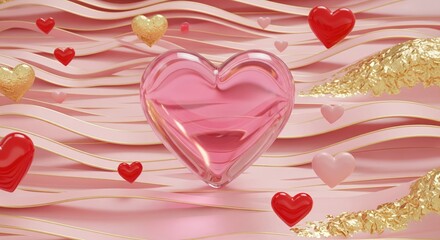 Translucent pink glass heart floating on a wavy pink and gold background. Abstract 3D render of soft romance and luxury.