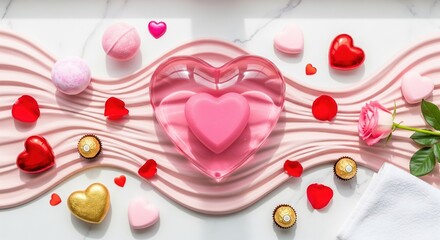 Spa flat lay with heart shaped dish, bath bomb and rose petals. Concept of self care, wellness and romantic relaxation.