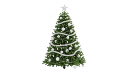 Decorated christmas tree with snow and ornaments isolated on transparent background