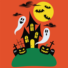 Spooky Halloween Scene with Haunted House and Ghosts