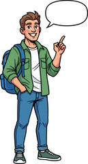 Smiling cartoon student in a green shirt with a blue backpack pointing upwards and speaking.