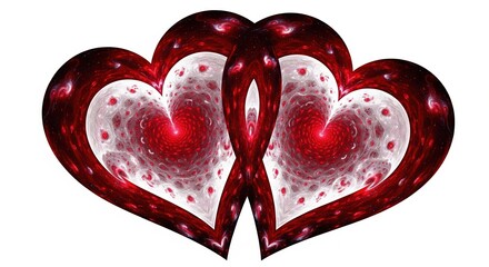 Two interlocking fractal hearts with red galaxy texture. Abstract digital illustration of connection and eternal love.